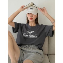 Woodroffe Kadın / Kız Füme Oversize T-Shirt Polite Baskılı