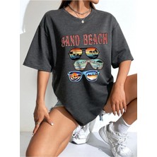 Woodroffe Kadın / Kız Beach Baskılı Füme Oversize T-Shirt Salaş Boyfirend