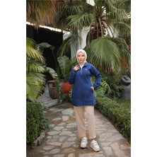 Kısa Fermuarlı Yaka Kapitone Şık Spor Sweat - (38-46) - 71227 - İndigo