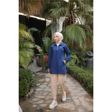 Kısa Fermuarlı Yaka Kapitone Şık Spor Sweat - (38-46) - 71227 - İndigo