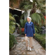 Kısa Fermuarlı Yaka Kapitone Şık Spor Sweat - (38-46) - 71227 - İndigo