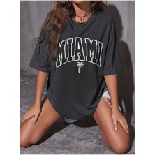 Woodroffe Miami Baskılı Oversize Salas Boyfriend Kadın / Kız T-Shirt Top Bluz