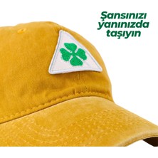 Perlotus Vintage Yıkamalı Pamuk Şapka Dört Yapraklı Yonca Nakışlı Sarı