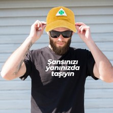 Perlotus Vintage Yıkamalı Pamuk Şapka Dört Yapraklı Yonca Nakışlı Sarı