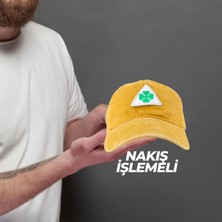 Perlotus Vintage Yıkamalı Pamuk Şapka Dört Yapraklı Yonca Nakışlı Sarı
