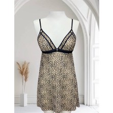 İnspira Leopar Desenli Ip Askılı V Yaka Dekolteli Likralı Transparan  Gecelik