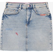 Denim Trip Regular Fit Nakışlı Açık İndigo Jean Etek