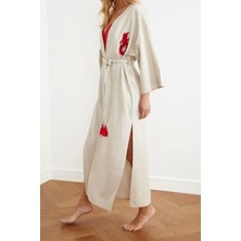 Ersefa Moda Dokuma Regular Kalıp Uzun V Yaka Standart Kol Keten Karışımlı Kruvaze Etnik Desen Kimono Kaftan