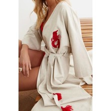 Ersefa Moda Dokuma Regular Kalıp Uzun V Yaka Standart Kol Keten Karışımlı Kruvaze Etnik Desen Kimono Kaftan