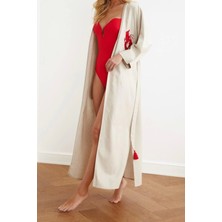Ersefa Moda Dokuma Regular Kalıp Uzun V Yaka Standart Kol Keten Karışımlı Kruvaze Etnik Desen Kimono Kaftan