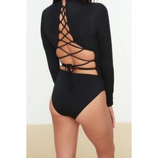 Ersefa Kadın Moda Kapsız Uzun Brief Yaka Fuşya Sırt Dekolteli Uzun Kollu Regular Sörf Mayosu