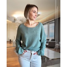 Naturel Yaka Oversize Ince Triko Mint Yeşili