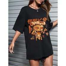 Woodroffe Kadın / Kız Siyah Oversize T-Shirt Pizza Baskılı