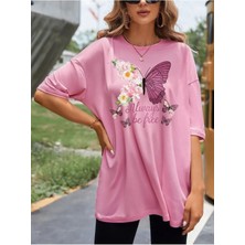 Woodroffe Be Free Pembe Oversize Salas Boyfriend Kadın / Kız T-Shirt Top Bluz