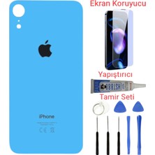 İndirim Plus Apple iPhone Xr Arka Kapak Pil Kapağı + Yapıştırıcı+Kırılmaz+Tamir Seti Mavi Renk
