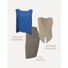 Indigo Asimetrik Bluz & Tek Düğmeli Slımfıt Yelek & Yüksek Bel Kalem Etek | 3'lü Kombin