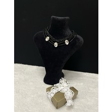 Amor Face Özel Tasarım Siyah Porselen Boncuk Üçlü Zirkon Karma Detaylı Luxury Kadın Gerdanlık Kolye