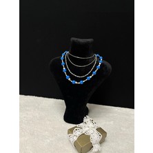 Amor Face Özel Tasarım Mavi Alaçatı Boncuk-Silver Boncuk Detaylı Yaz Rüzgarı Kadın 3 Lü Kolye