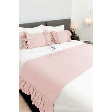 Yatak Runner & Iç Dolgulu Kırlent Seti Çift Kişilik Fırfırlı Toz Pembe