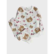 Aliş Kids Kız Çocuk Pamuklu Ekru Ayıcık Kalp Çiçek Desenli Uzun Kollu Mevsimlik Pijama Takımı