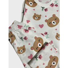 Aliş Kids Kız Çocuk Pamuklu Ekru Ayıcık Kalp Çiçek Desenli Uzun Kollu Mevsimlik Pijama Takımı