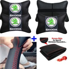 Skoda Scala Uyumlu Dikmeli Direksiyon Kılıfı Nokta Desenli+5d 2'li Oto Boyun Yastığı