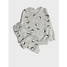 Aliş Kids Kız Çocuk Pamuklu Gri Hello Kitty Kar Merry Yazı Desenli Uzun Kollu Mevsimlik Pijama Takımı