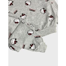 Aliş Kids Kız Çocuk Pamuklu Gri Hello Kitty Kar Merry Yazı Desenli Uzun Kollu Mevsimlik Pijama Takımı