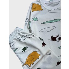 Aliş Kids Erkek Çocuk Pamuklu Beyaz Safari Aslan Fil Desenli Uzun Kollu Mevsimlik Pijama Takımı