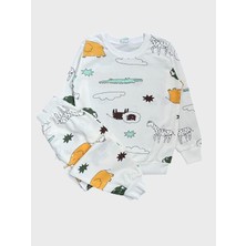 Aliş Kids Erkek Çocuk Pamuklu Beyaz Safari Aslan Fil Desenli Uzun Kollu Mevsimlik Pijama Takımı