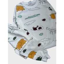 Aliş Kids Erkek Çocuk Pamuklu Beyaz Safari Aslan Fil Desenli Uzun Kollu Mevsimlik Pijama Takımı