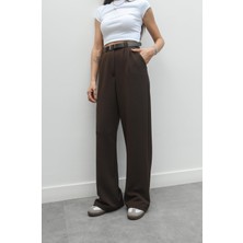 Havoş Kahverengi Heche Kadın Pantolon Yüksek Bel Relax Kesim Pamuk - Polyester - Viskon - Elastan