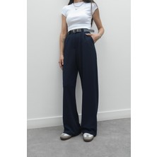 Lacivert Heche Pileli Kemerli Pantolon
