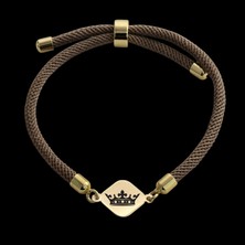 14 Ayar Altın Plakalı Özel Eşkenar Dörtgen Figürlü, Kahverengi Örgü Det Ayıyla Kraliçe Bilekliği, Gençlere ve Ergenlere Zarafetiyle Özel Bir Hediye!