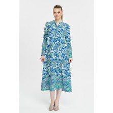 Uzun Kollu Viskon Şal Desenli Şık Gomlek Elbisesi