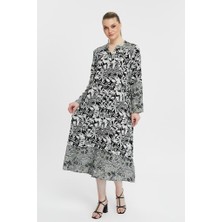 Uzun Kollu Viskon Şal Desenli Şık Gomlek Elbisesi