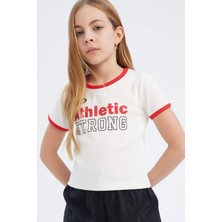 DeFacto Slim Fit Dar Kesim Bisiklet Yaka Baskılı Fitilli Kaşkorse Kısa Kollu Tişört Kız Çocuk D8542A825SM