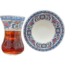 Çay Bardağı Takımı 6 Kişilik Seramik Tabaklı Topkapı Motifli Çay Bardağı Seti