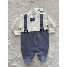 Erkek Bebek Kahverengi Çizgili Askılı Çıtçıtlı Patikli Kadife Tulum