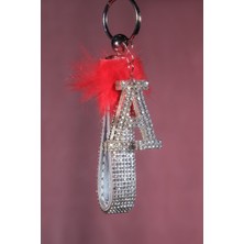 Tasarım Arabam Kırmızı Tavşan Tüylü Gümüş Logosuz Anahtarlık & Gümüş Harf