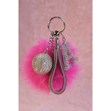 Gümüş Taşlı & Logosuz Anahtarlık & Tilki Tüyü Ponpon Fuşya & Gümüş Harf & Gümüş Disko Topu