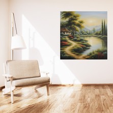 Minimalist Doğa ve Manzara Köy Evi ve Nehir Çerçevesiz Pvc Tablo