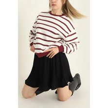 Kadın Cool Oversize  Kalıp Bisiklet Yaka Kalın Basic  Üç Iplik Içi Şardonlu Çizgili Sweatshirt