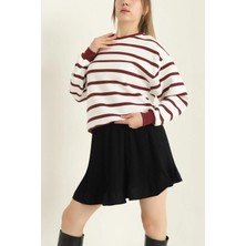 Kadın Cool Oversize  Kalıp Bisiklet Yaka Kalın Basic  Üç Iplik Içi Şardonlu Çizgili Sweatshirt