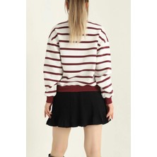 Kadın Cool Oversize  Kalıp Bisiklet Yaka Kalın Basic  Üç Iplik Içi Şardonlu Çizgili Sweatshirt