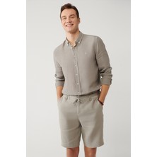 AVVA Erkek Gri Düğmeli Yaka %100 Keten Comfort Fit Gömlek B002191