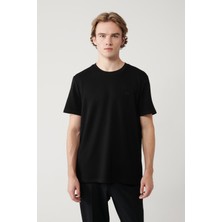 AVVA Erkek Siyah Bisiklet Yaka Bi-Stretch Kırışmaz Baskılı Regular Fit T-Shirt B001040