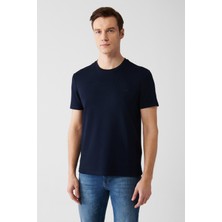 AVVA Erkek Lacivert Bisiklet Yaka Bi-Stretch Kırışmaz Baskılı Regular Fit T-Shirt B001040