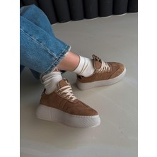 Dicle Polat Kadın Sneaker Taba Süet Yüksek Taban Bağcıklı Spor Ayakkabı Leopar Desenli Azin