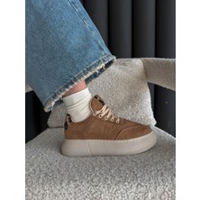Dicle Polat Kadın Sneaker Taba Süet Yüksek Taban Bağcıklı Spor Ayakkabı Leopar Desenli Azin